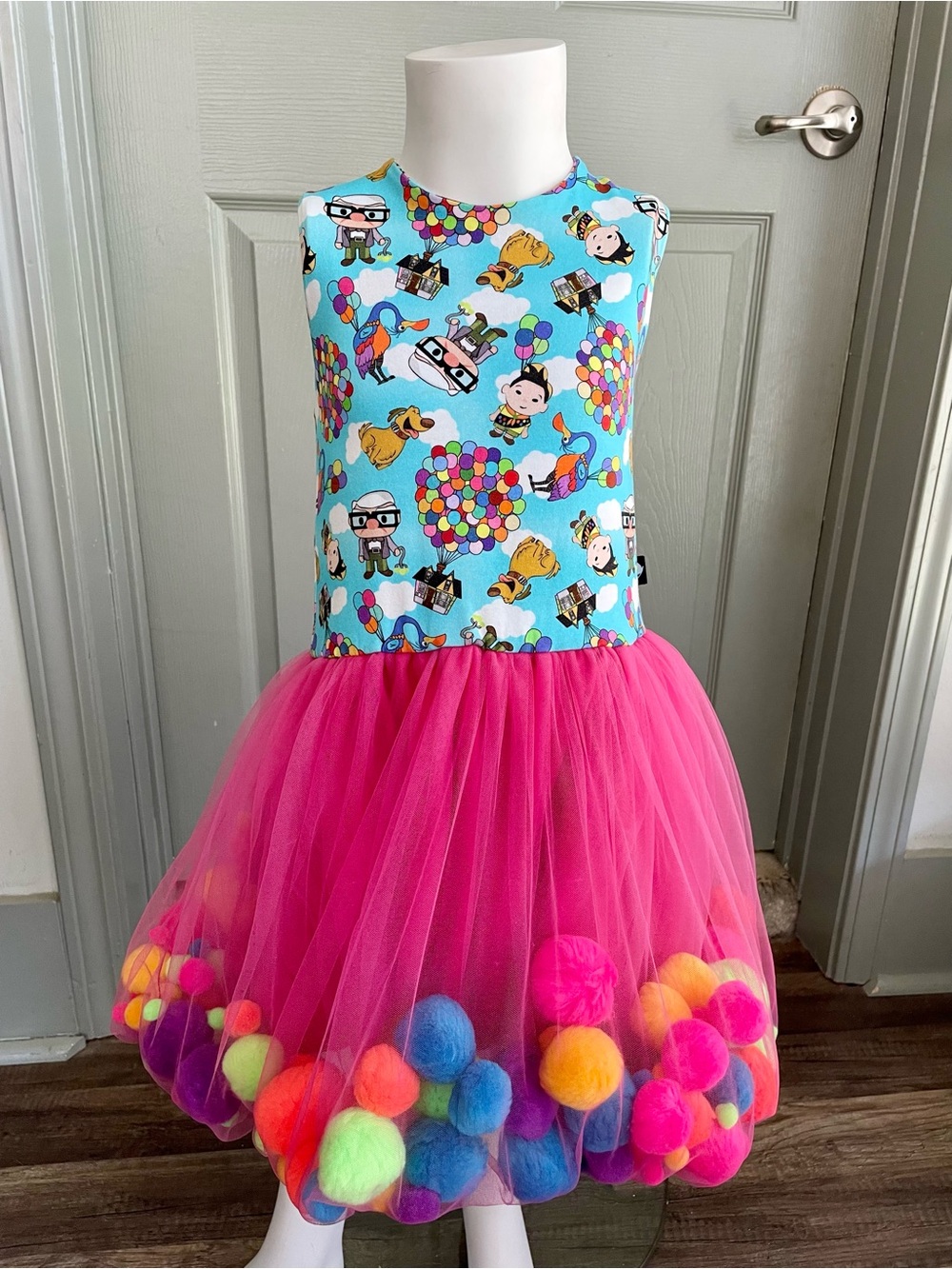 Girls Custom Made One of a Kind Disney Up Dress Tulle skirt filled with Pom Pom